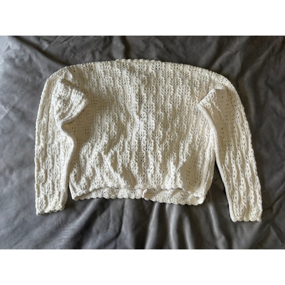 Rey Wear Hand Knitted in Bolivia Cotton Pointelle Cardigan Sweater Cream Ivory M - Picture 2 of 3